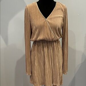 Elegant Pleated Tan long sleeve v-neck  Dress